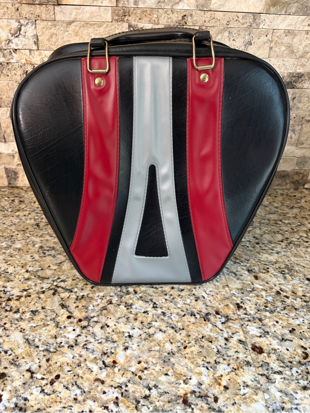 Retro Black Vinyl Bowling Ball Bag with Red and Silver Accents